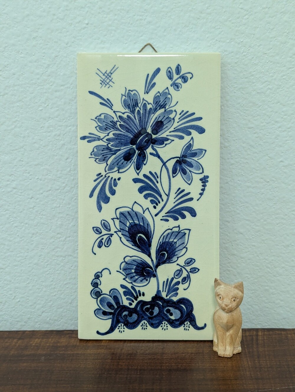 Vintage Sphinx Maastricht Delft Blue Floral Ceramic Tile Hanging – 5" x 11.5"